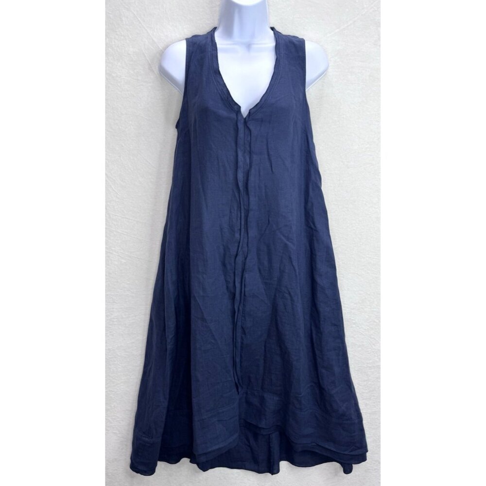 ROSSO35 Women's Navy Blue Linen A Line Dress Size 40 EU Small US